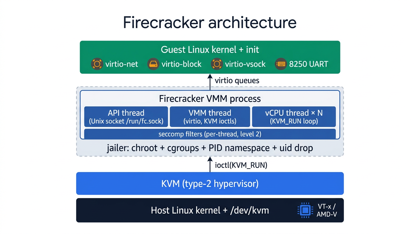 Firecracker architecture: jailer wrapping VMM wrapping {API, VMM, vCPU} threads, KVM underneath, guest kernel on top