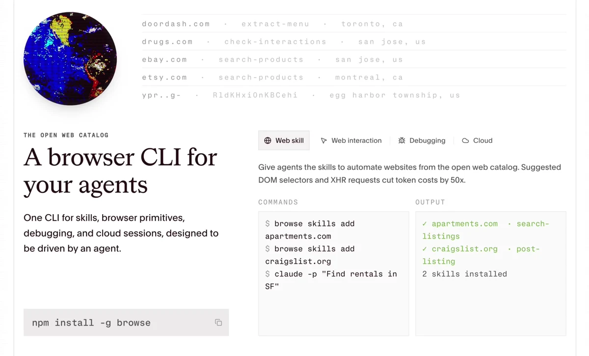 Browse.sh product demo showing the web skills catalog, globe, and CLI workflow